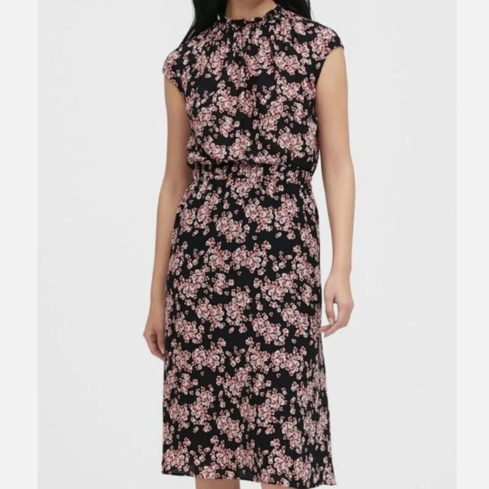 Banana Republic Black Pink Orchid Floral Cottagecore High Neck Midi Dress Size 8